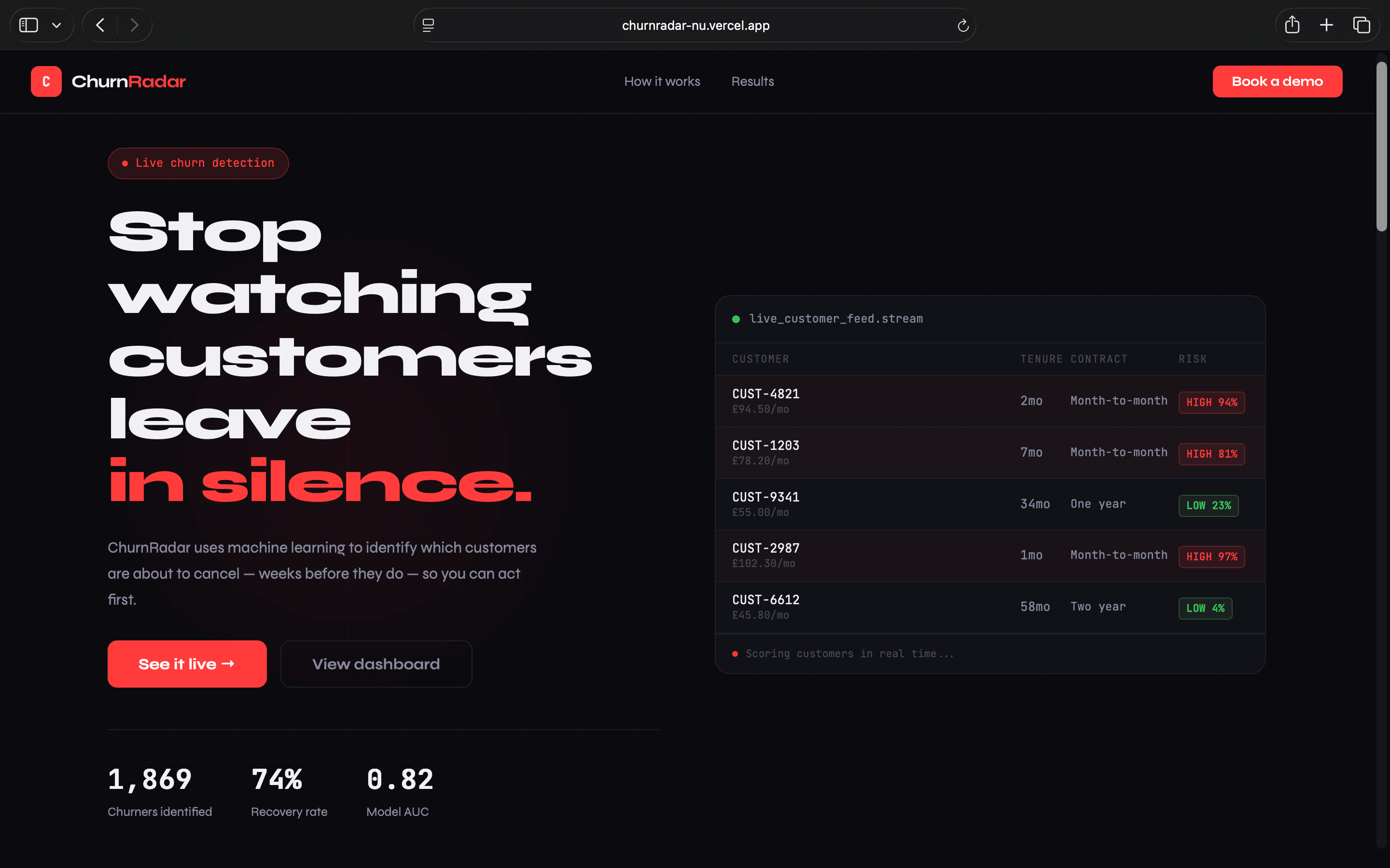 ChurnRadar interface